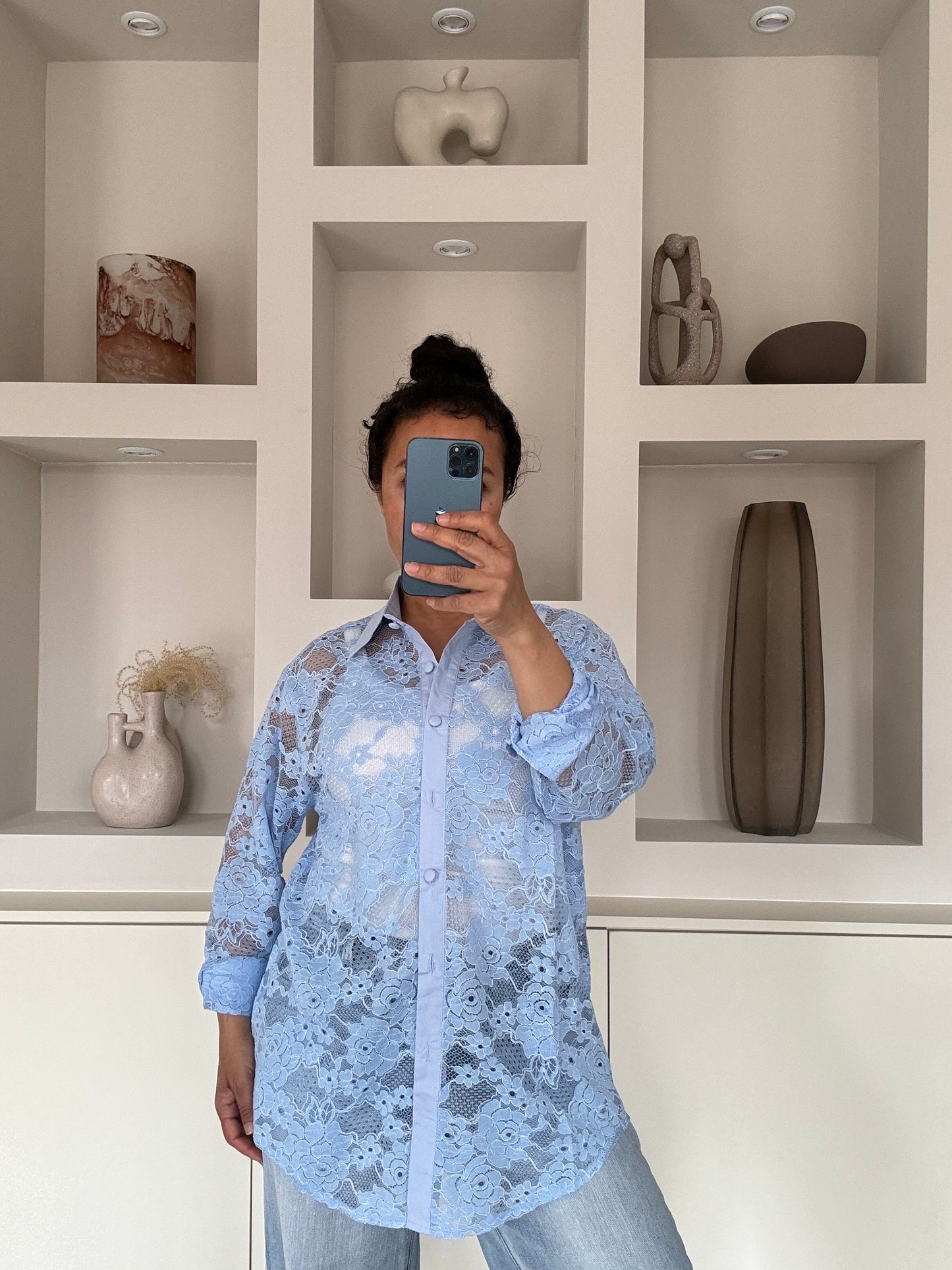 Blauwe lace blouse
