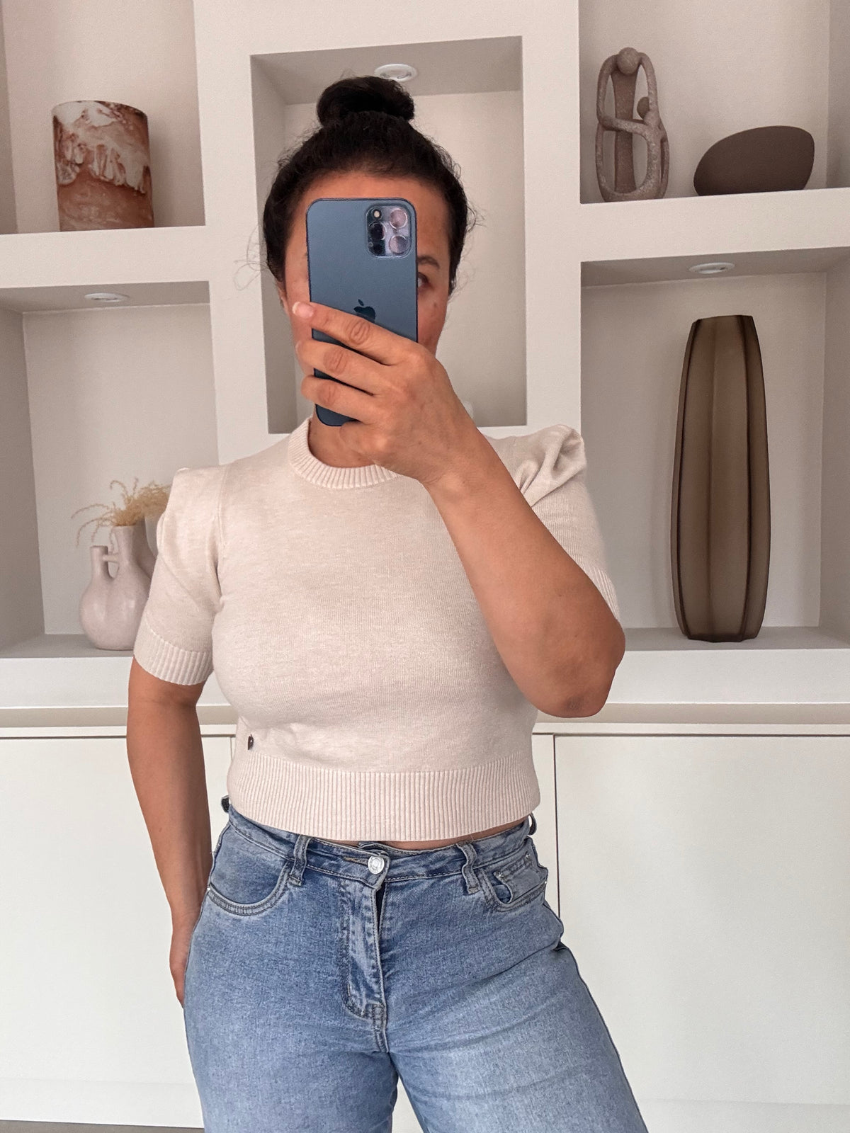 Puff sleeve knit beige