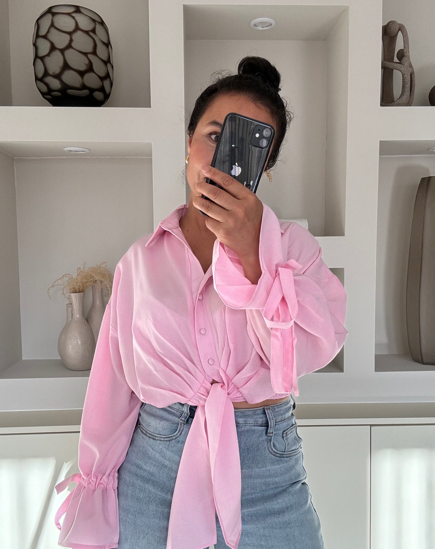 Roze gestrikte cropped blouse