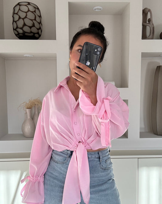Roze gestrikte cropped blouse