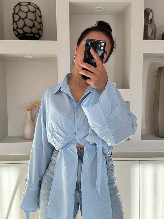 Blauwe gestrikte cropped blouse