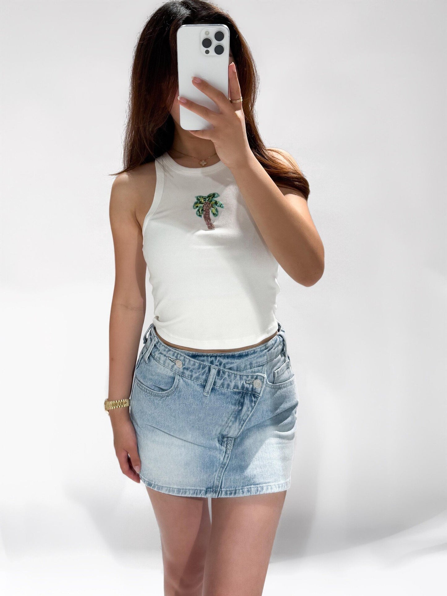 Redefined cross waist denim skort