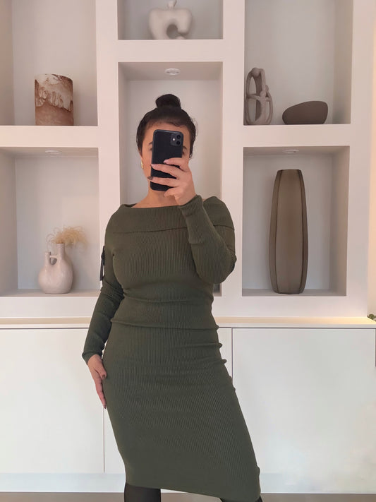 Off-shoulder dress - kaki