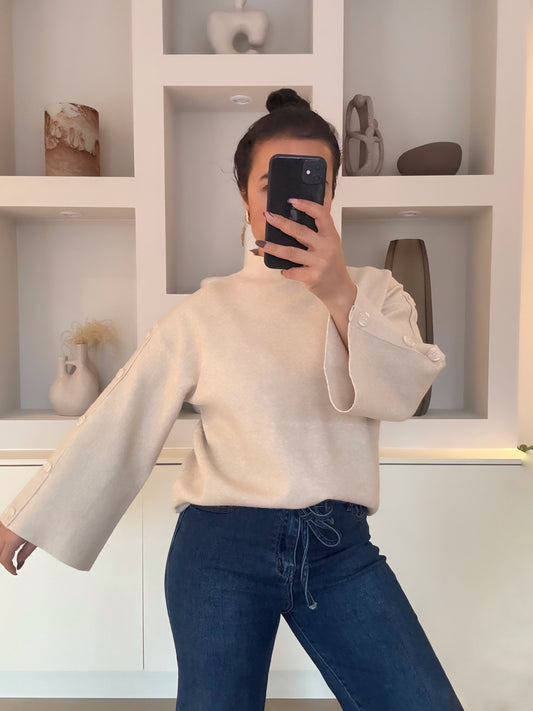 Button-sleeve sweater - beige